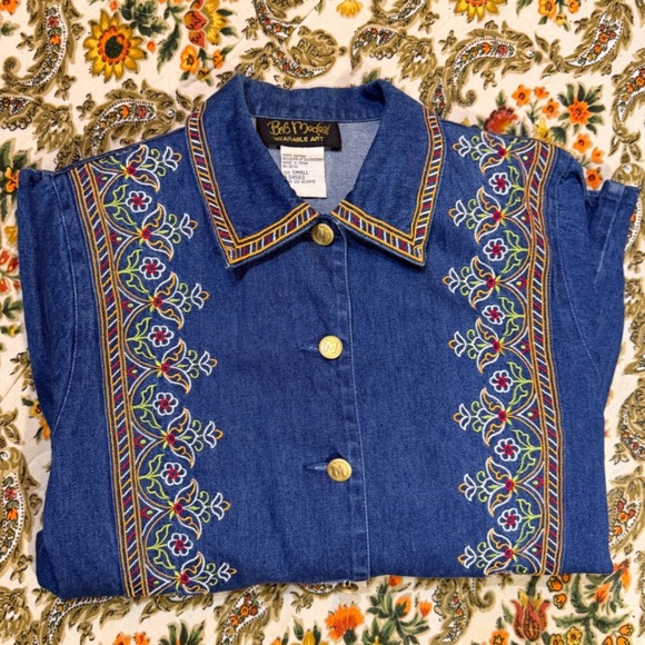 Bob‎ Mackie Vintage Blue Denim Shirt Jacket Floral Embroidered Size Small - Picture 10 of 10